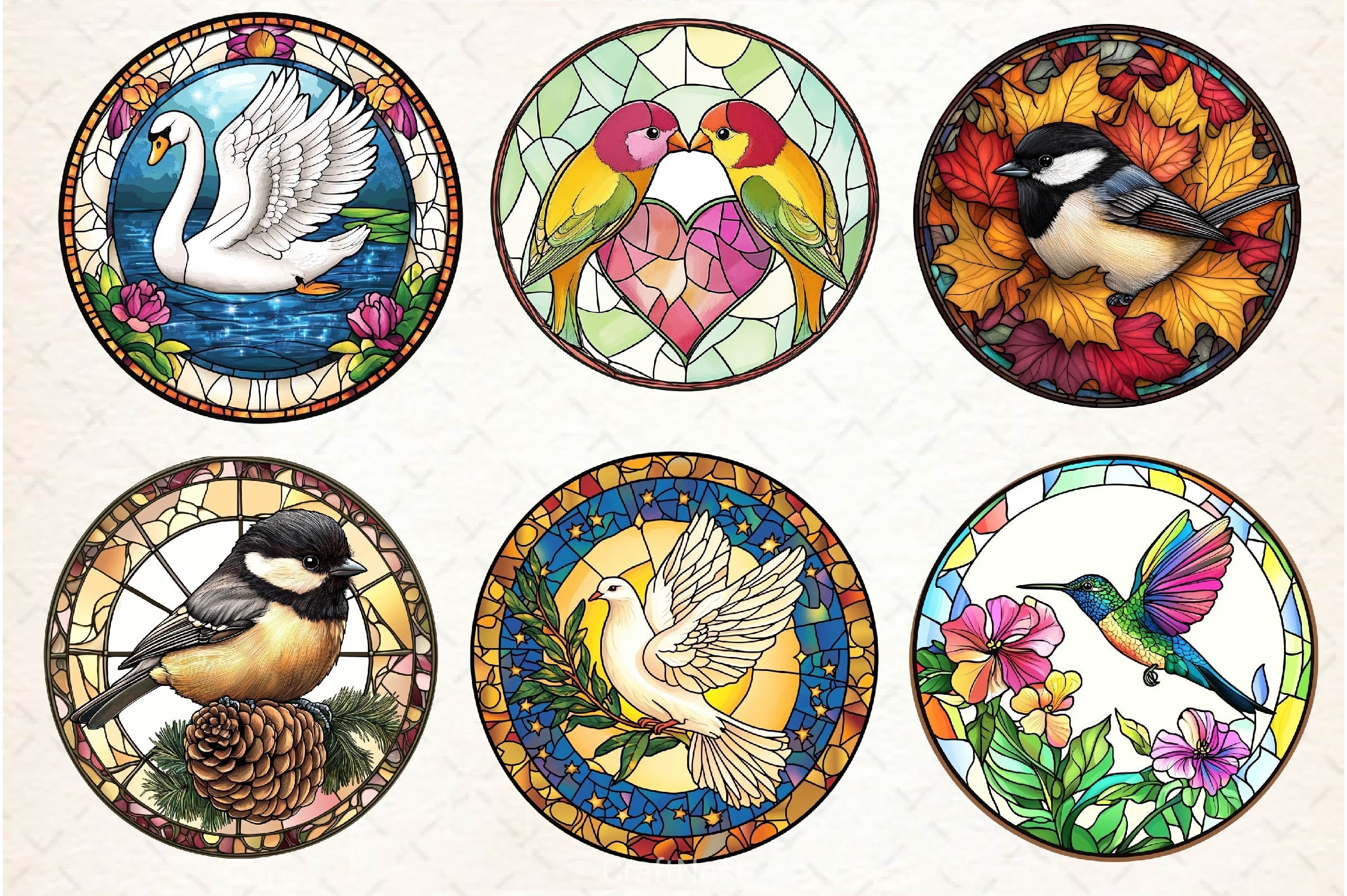 Round Stained Glass Birds Clipart Bundle 3 - CraftNest - Digital Crafting and Art