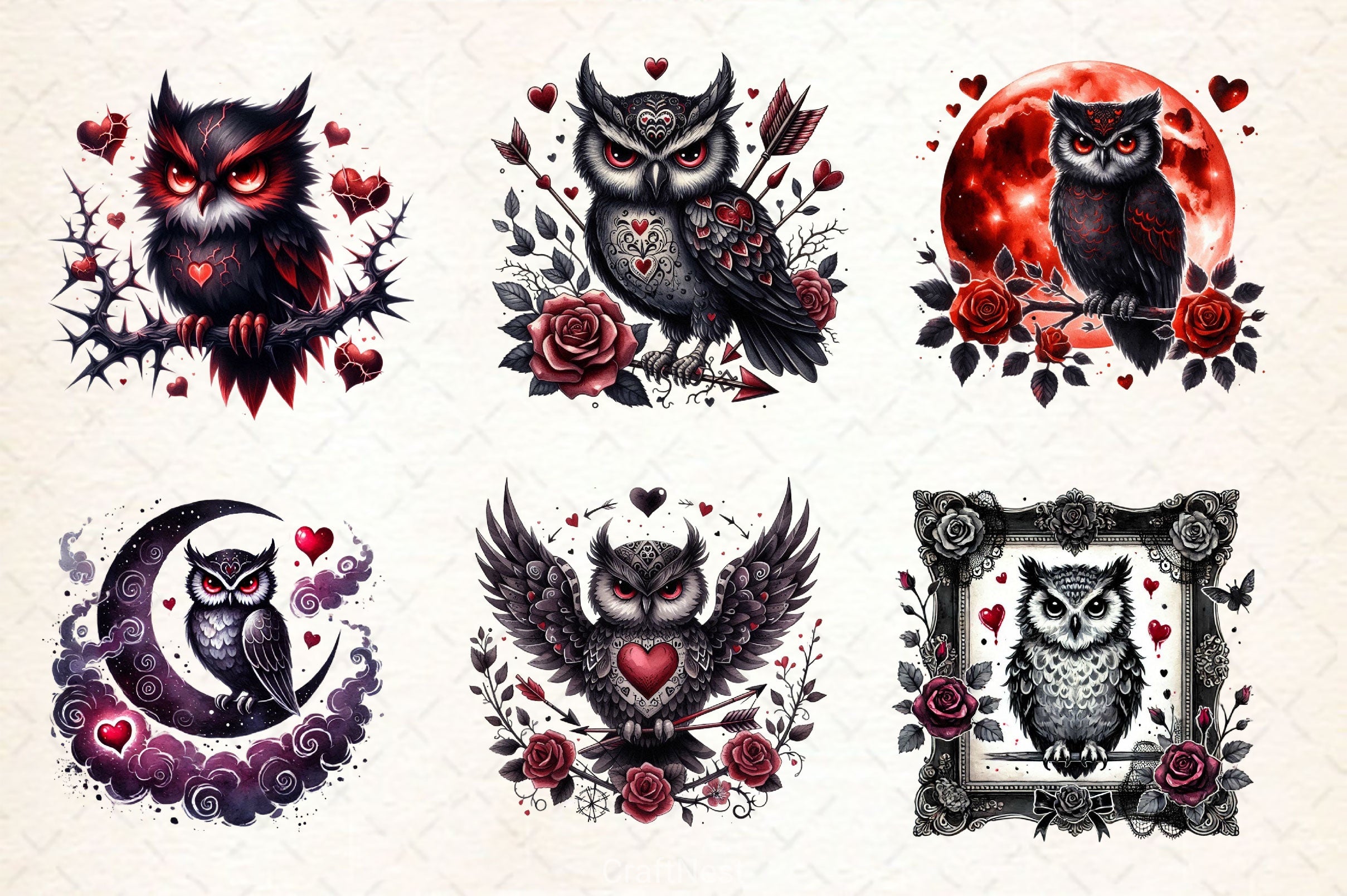 Valentine Gothic Owl Clipart Bundle - CraftNest - Digital Crafting and Art