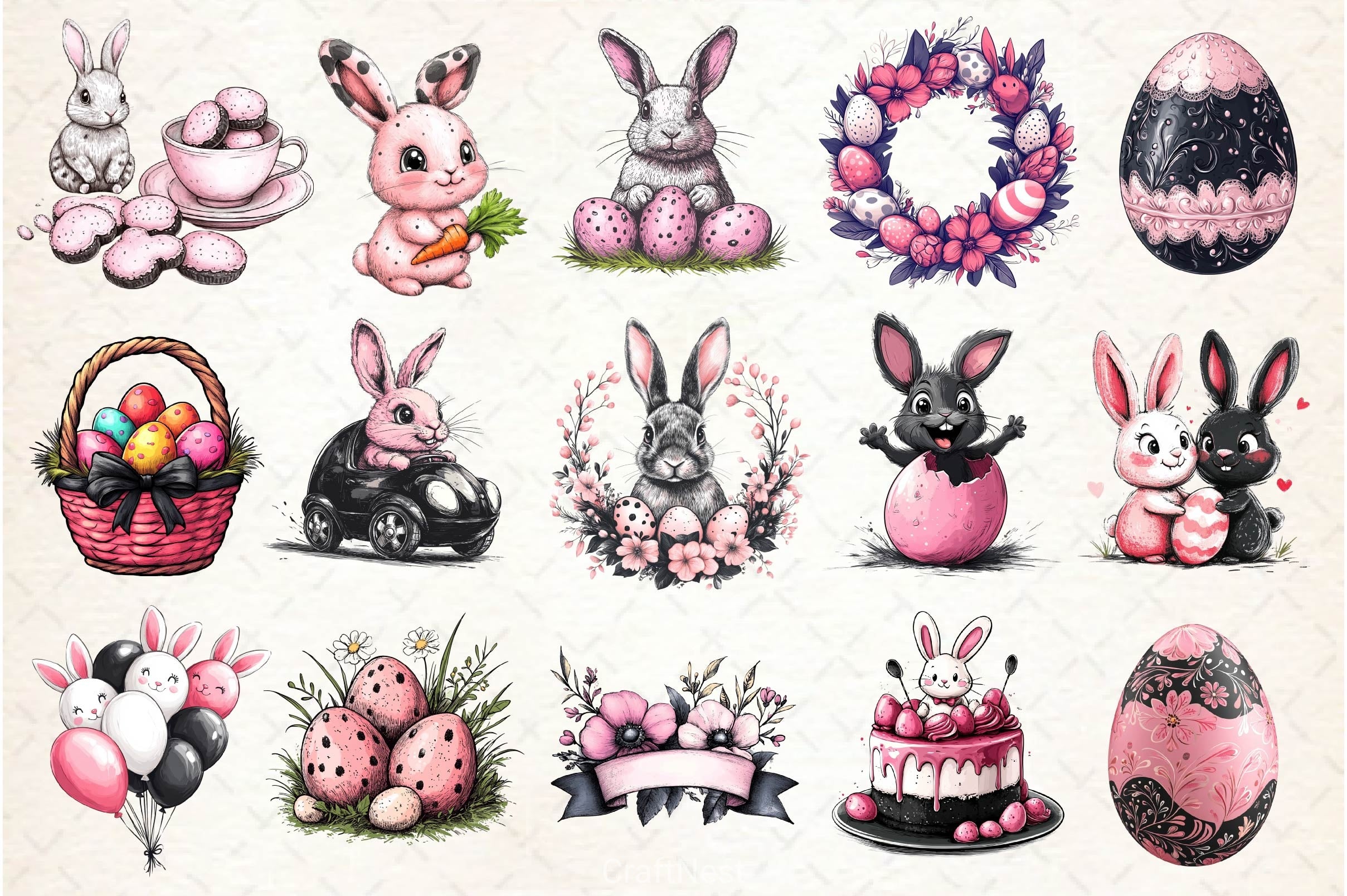 Easter Pink Black Easter Clipart Bundle - CraftNest - Digital Crafting and Art