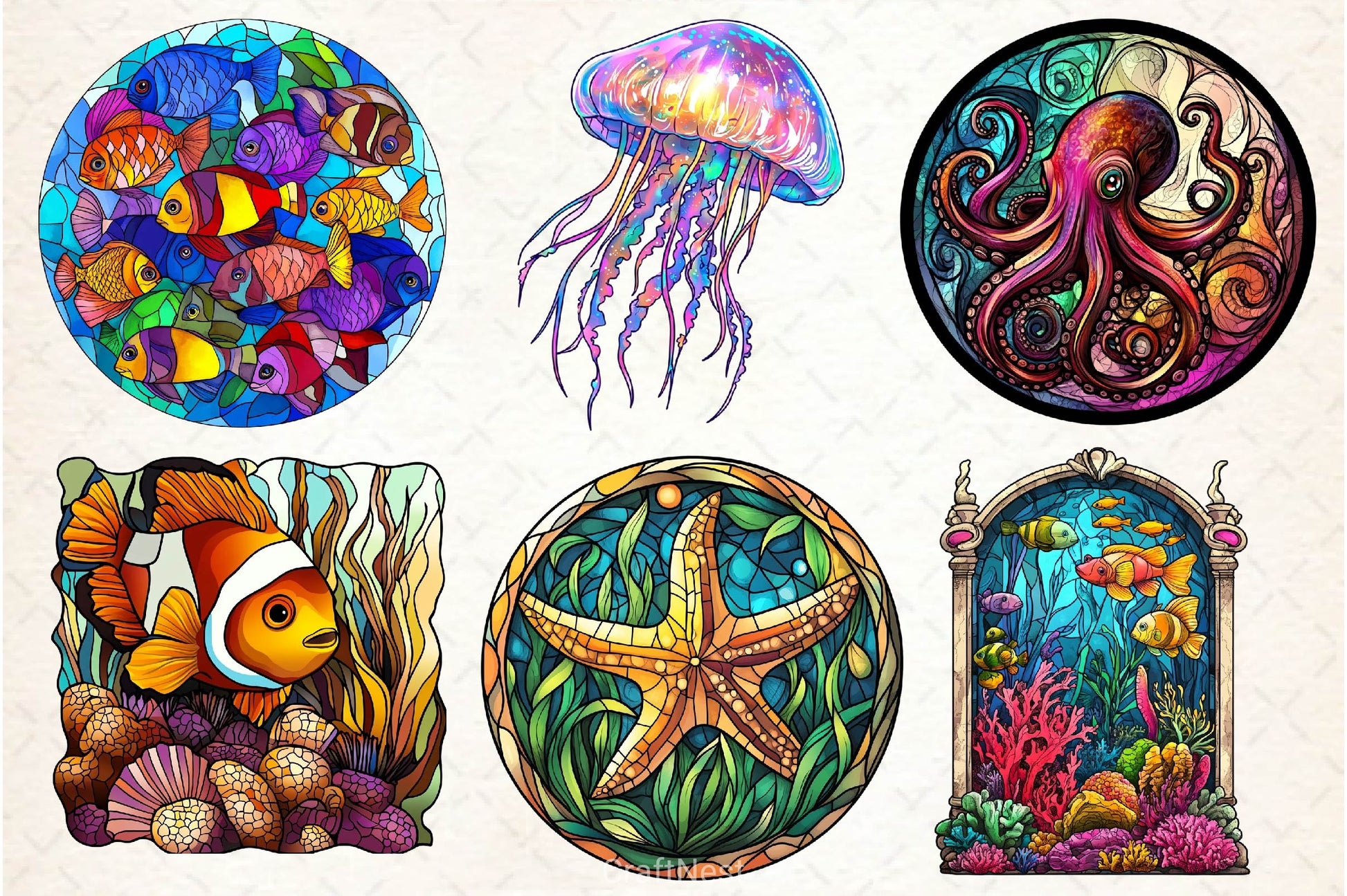 Round Stained Glass Sea Animals Clipart Bundle - CraftNest - Digital Crafting and Art
