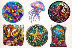 Round Stained Glass Sea Animals Clipart Bundle - CraftNest - Digital Crafting and Art