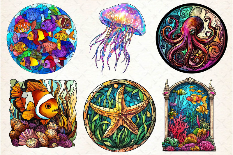 Round Stained Glass Sea Animals Clipart Bundle - CraftNest - Digital Crafting and Art