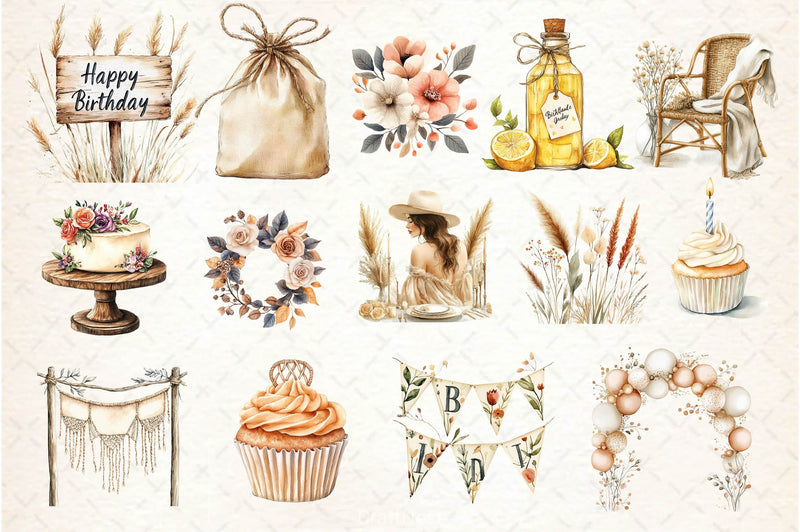 Boho Beige Birthday Clipart Bundle - CraftNest - Digital Crafting and Art
