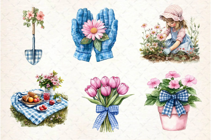 Blue & Pink Gingham Spring Clipart Bundle 10 - CraftNest - Digital Crafting and Art
