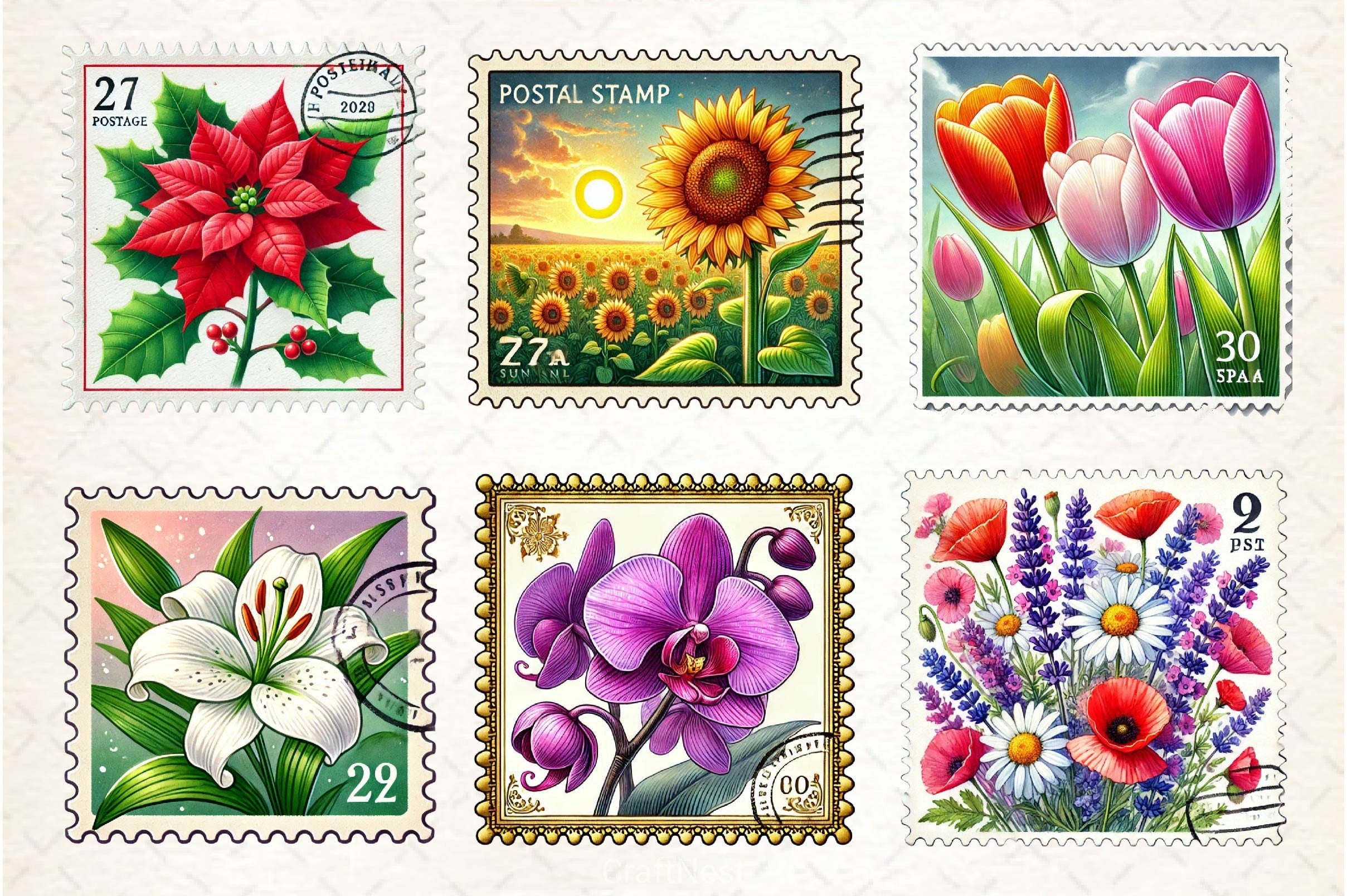 Flowers Postage Stamp Clipart Bundle - CraftNest - Digital Crafting and Art