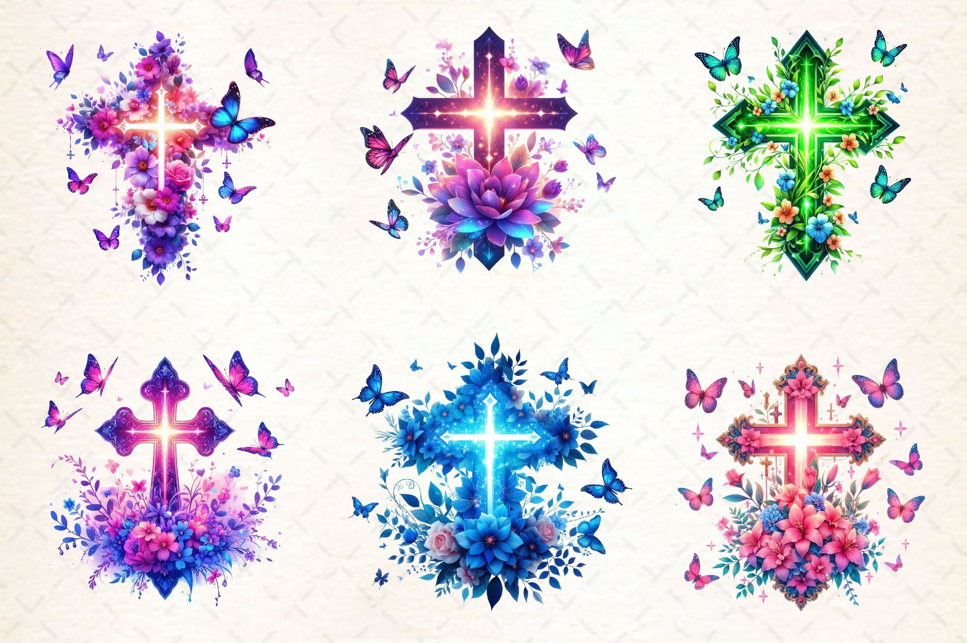 Glowing Floral Cross With Butterflies Clipart Bundle - CraftNest - Digital Crafting and Art