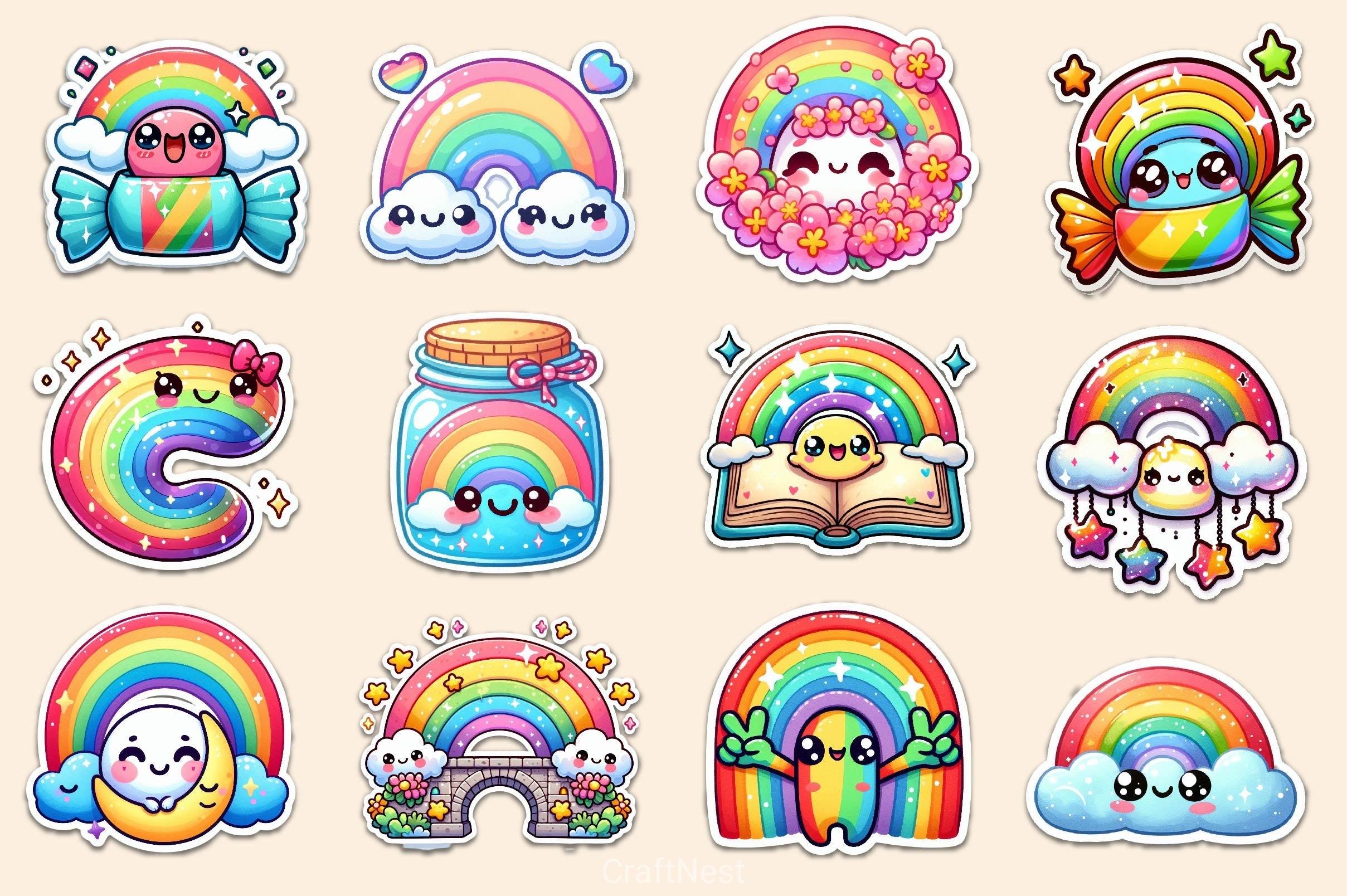 Kawaii Rainbow Stickers Sticker Clipart Bundle - CraftNest - Digital Crafting and Art