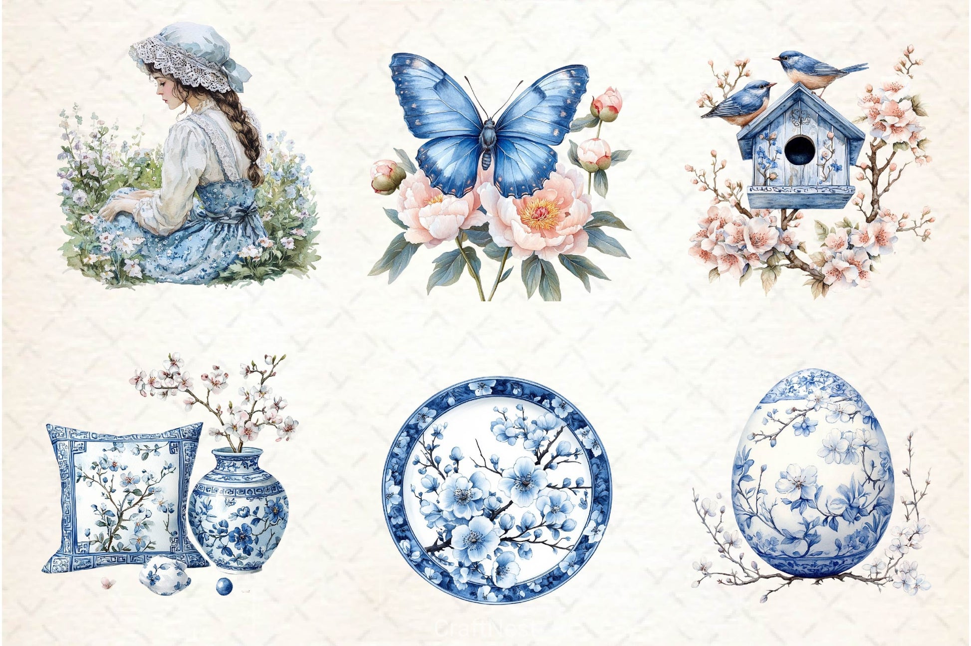 Blue Chinoiserie Spring Clipart Bundle 2 - CraftNest - Digital Crafting and Art