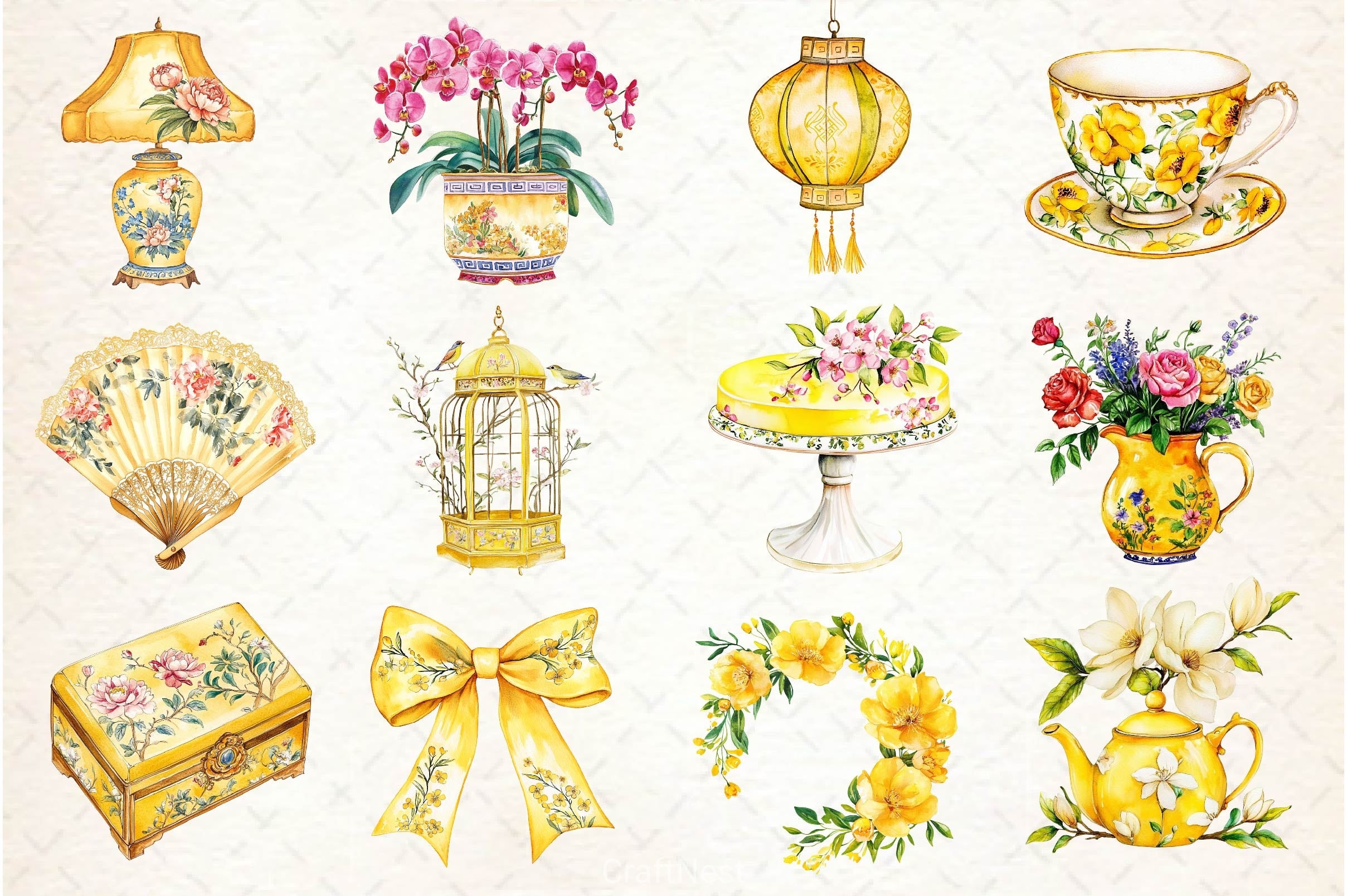 Yellow Chinoiserie Mothers Day Clipart Bundle 2 - CraftNest - Digital Crafting and Art