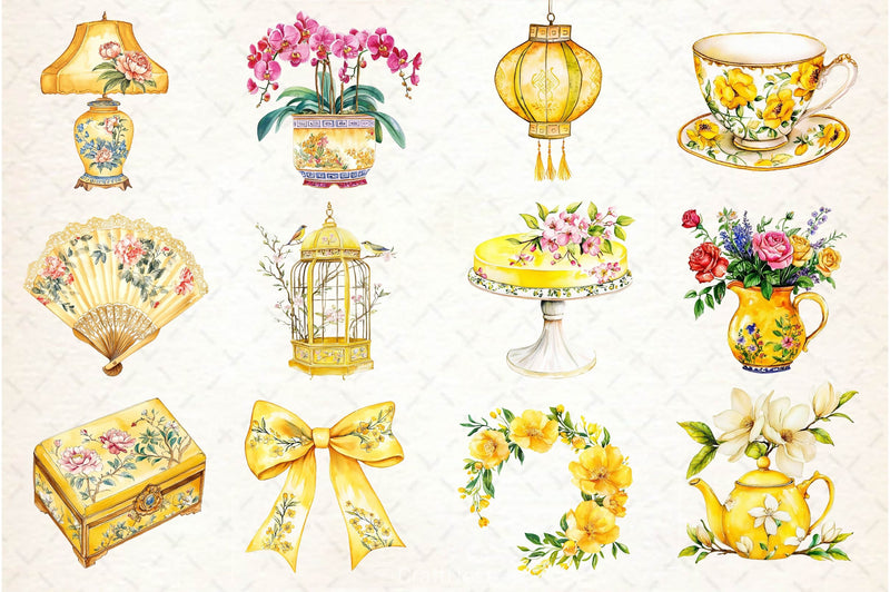 Yellow Chinoiserie Mothers Day Clipart Bundle 2 - CraftNest - Digital Crafting and Art