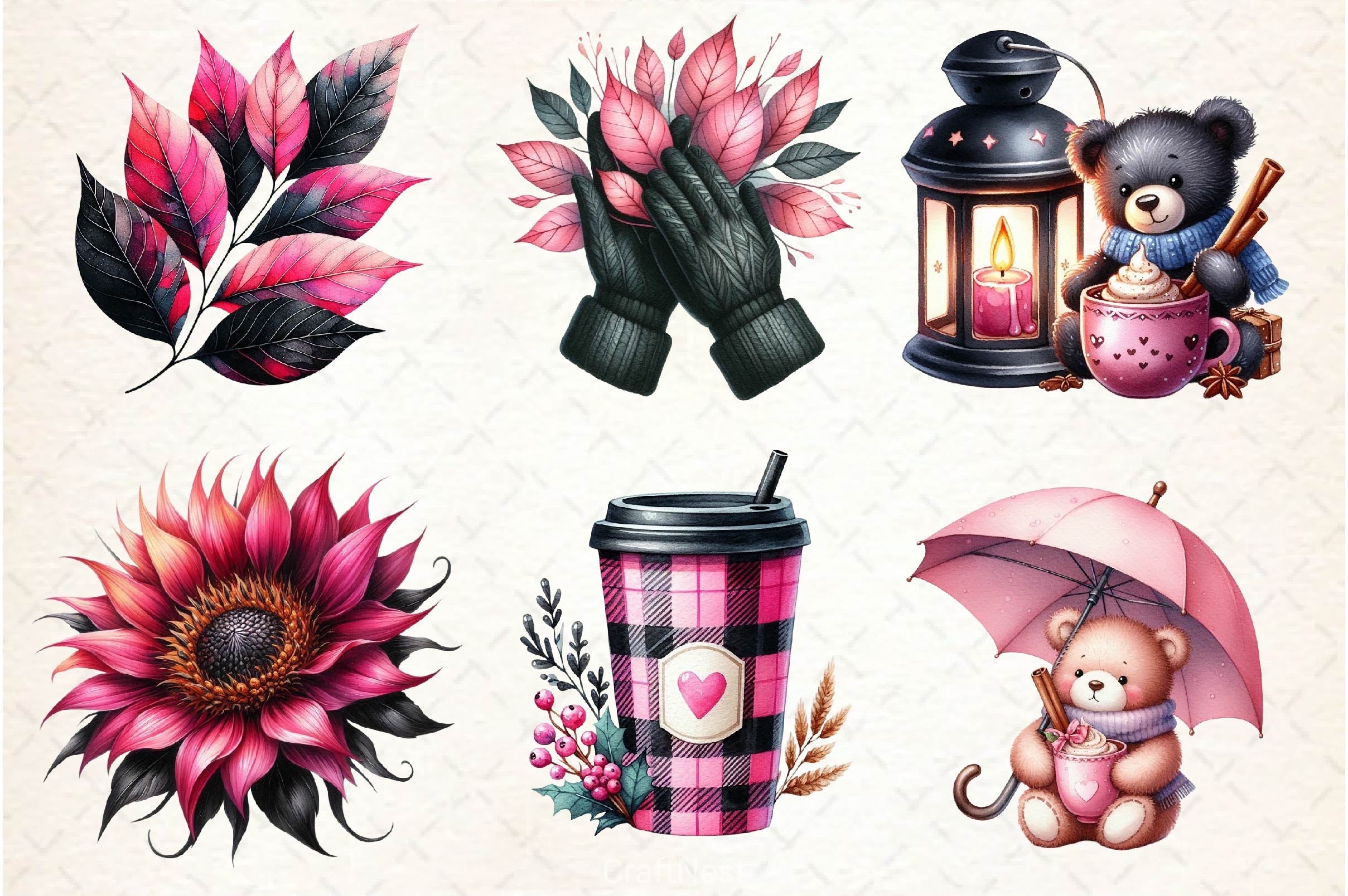 Pink Black Autumn Clipart Bundle 4 - CraftNest - Digital Crafting and Art