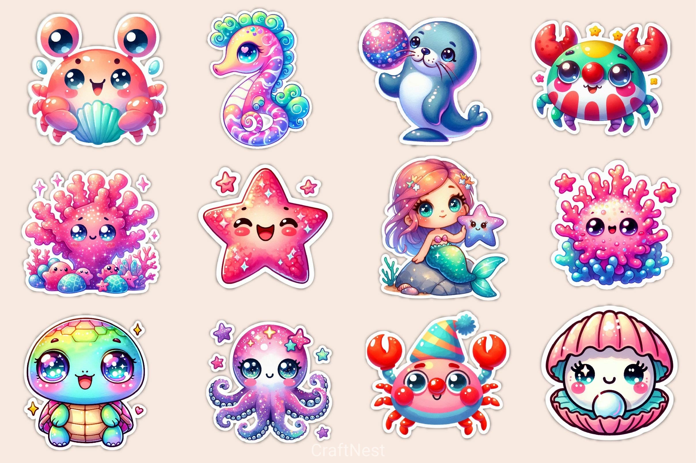 Cute Kawaii Sea Animals Clipart Bundle - CraftNest - Digital Crafting and Art