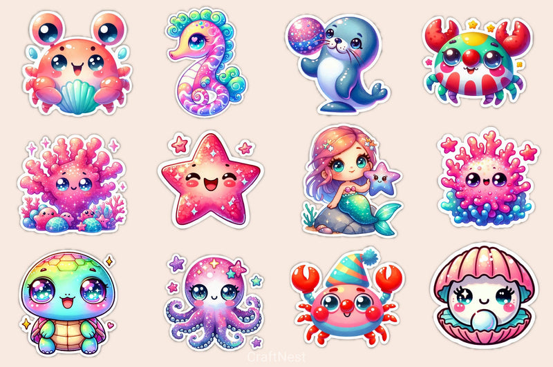 Cute Kawaii Sea Animals Clipart Bundle - CraftNest - Digital Crafting and Art