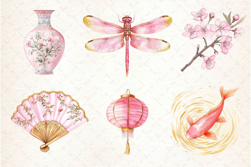 Pink Chinoiserie Summer Clipart Bundle 2 - CraftNest - Digital Crafting and Art