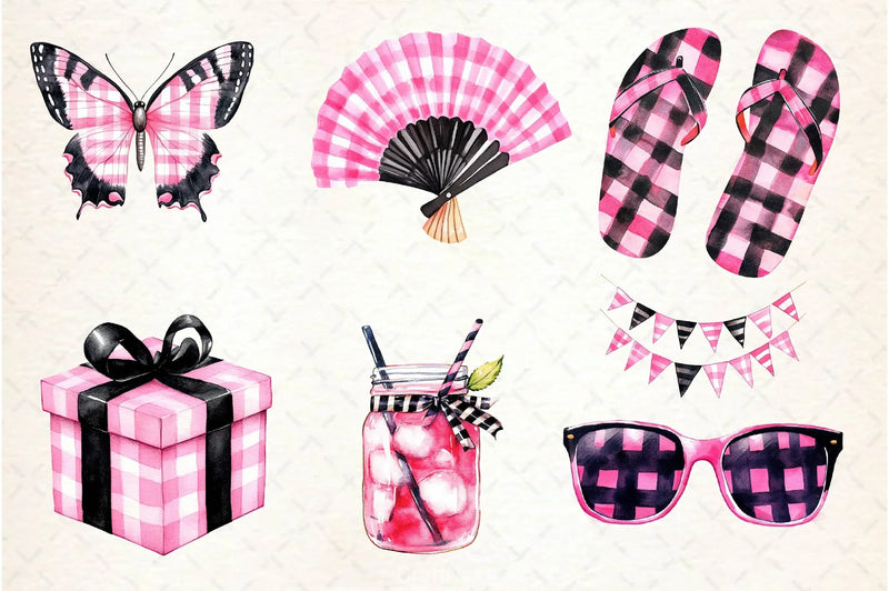 Black And Pink Gingham Summer Clipart Bundle - CraftNest - Digital Crafting and Art