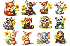 Cute Animals With Daffodils Flowers Clipart Bundle - CraftNest - Digital Crafting and Art