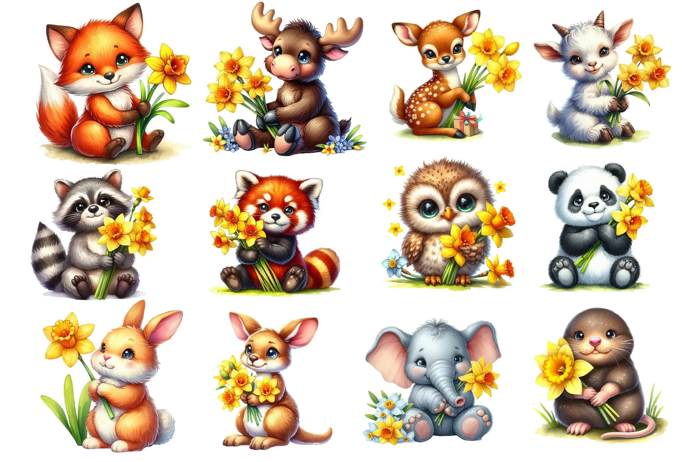 Cute Animals With Daffodils Flowers Clipart Bundle - CraftNest - Digital Crafting and Art