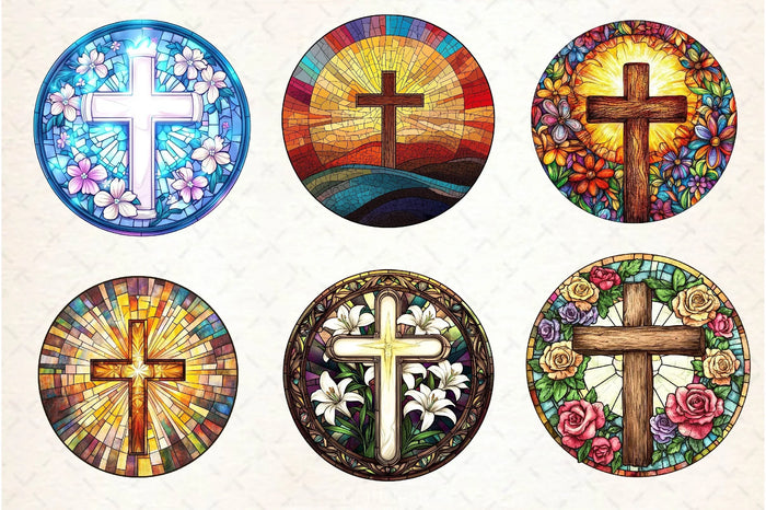 Christian Cross Round Stained Glass Art Clipart Bundle