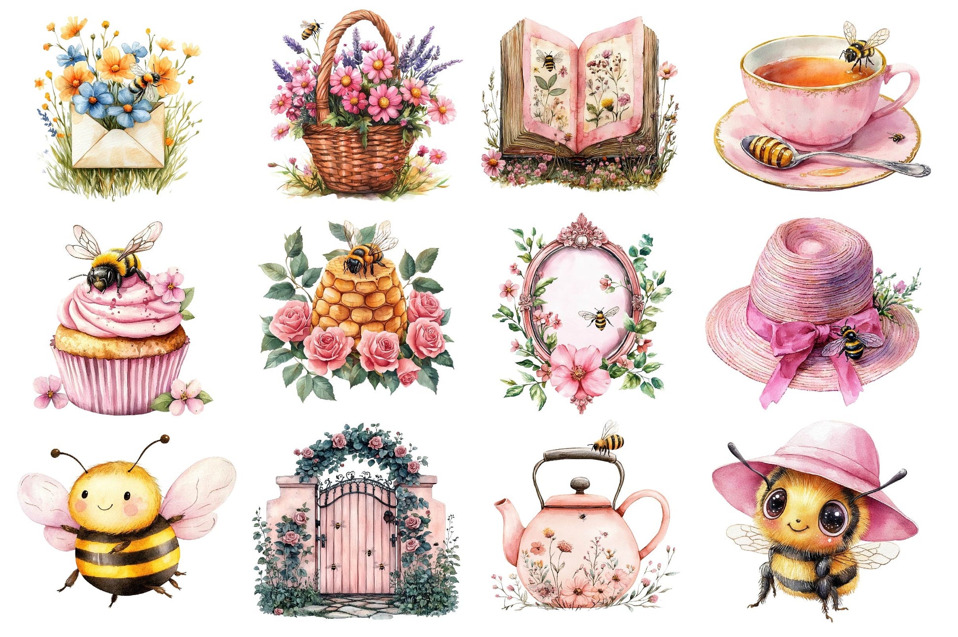 Pink Summer Bees Garden Clipart Bundle 2 - CraftNest - Digital Crafting and Art