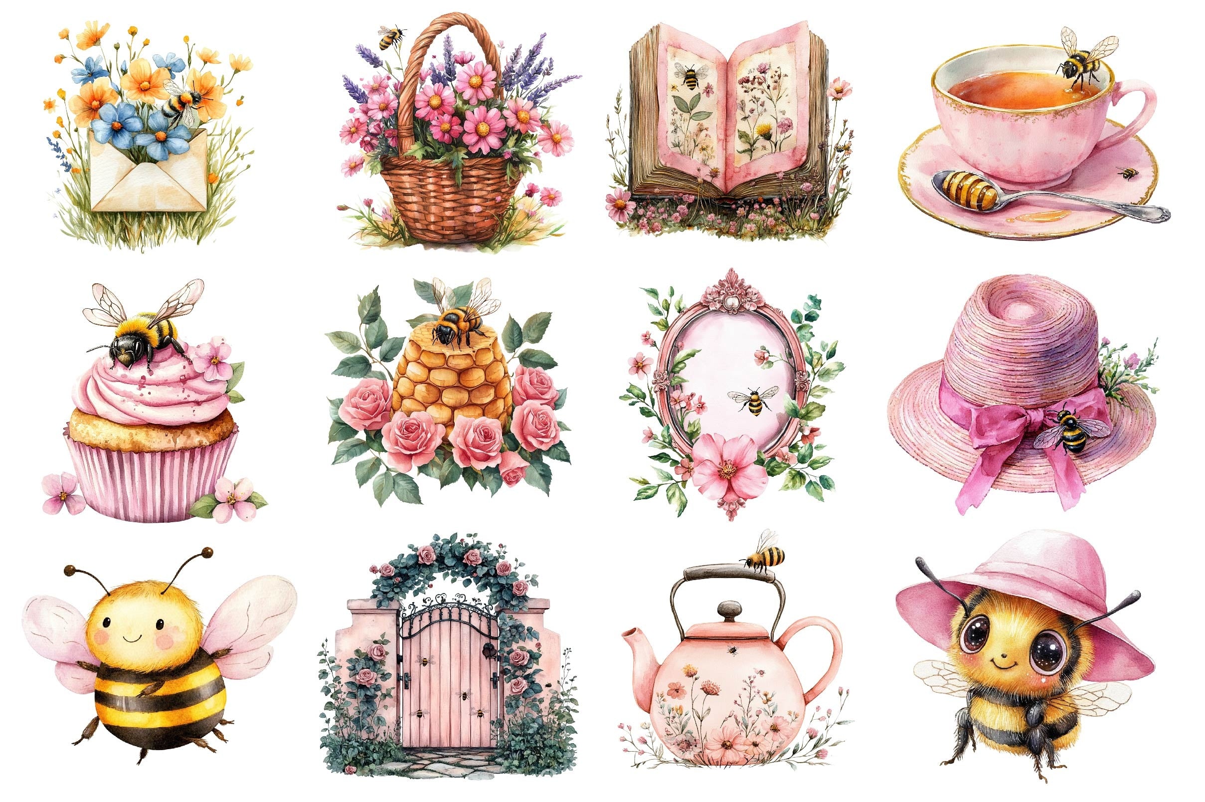 Pink Summer Bees Garden Clipart Bundle 2 - CraftNest - Digital Crafting and Art