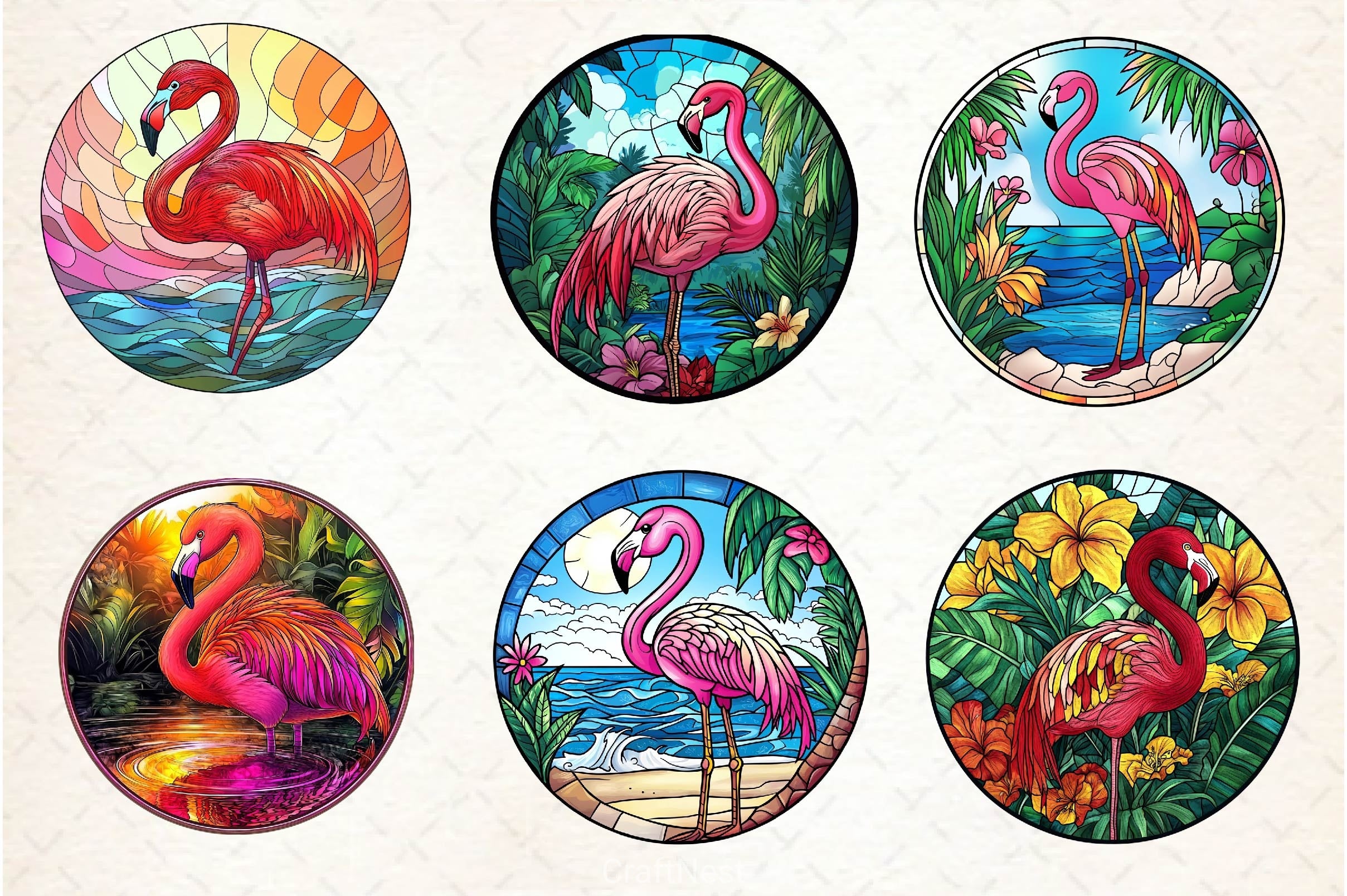 Round Stained Glass Flamingo Clipart Bundle 2 - CraftNest - Digital Crafting and Art