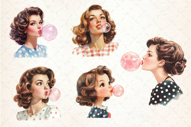 Retro Girl Blowing A Bubblegum Clipart Bundle 2 - CraftNest - Digital Crafting and Art