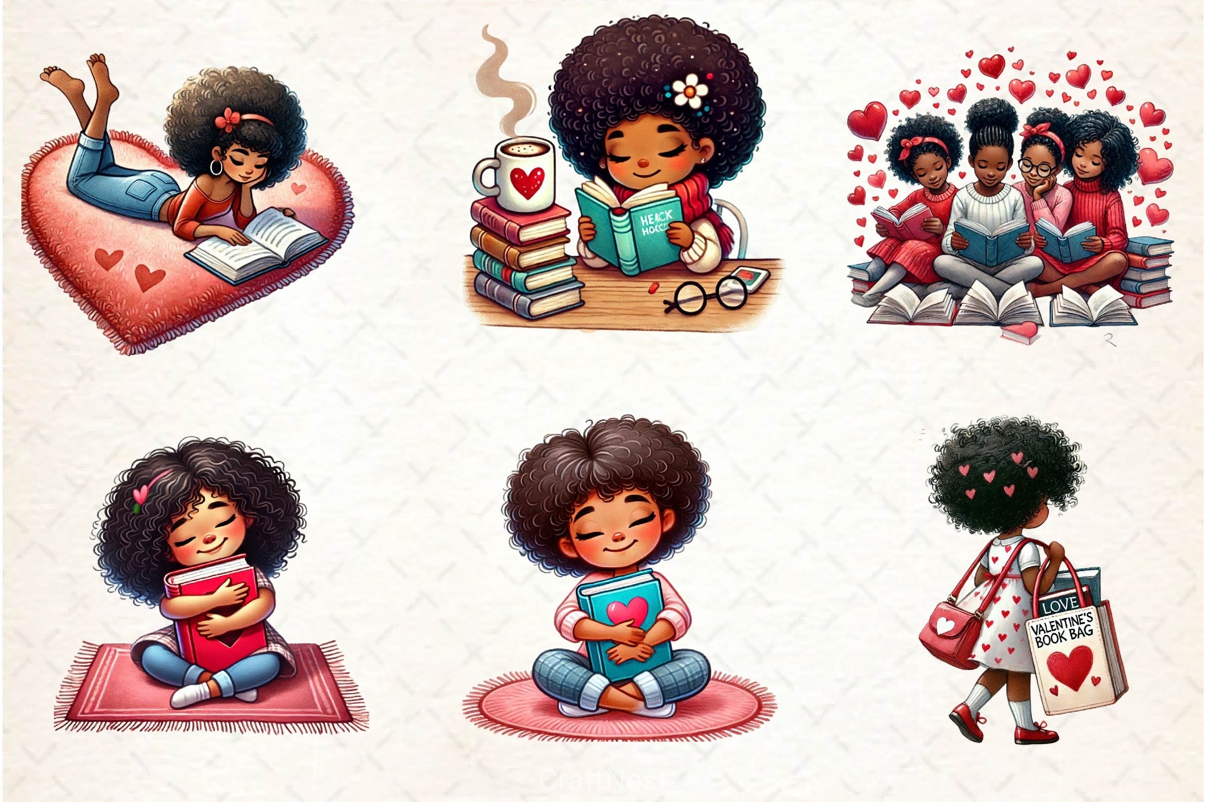Valentine's Day Bookworm African Girl Clipart Bundle - CraftNest - Digital Crafting and Art