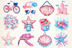 Summer Pink Blue Coastal Clipart Bundle 2 - CraftNest - Digital Crafting and Art