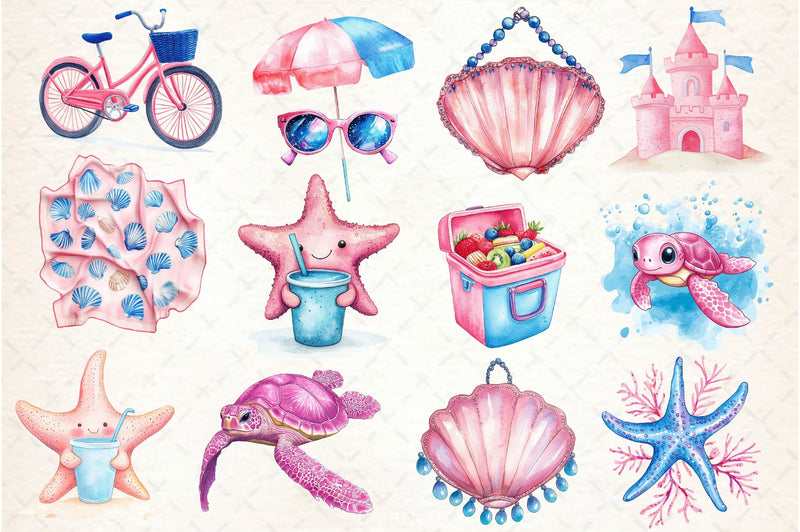 Summer Pink Blue Coastal Clipart Bundle 2 - CraftNest - Digital Crafting and Art