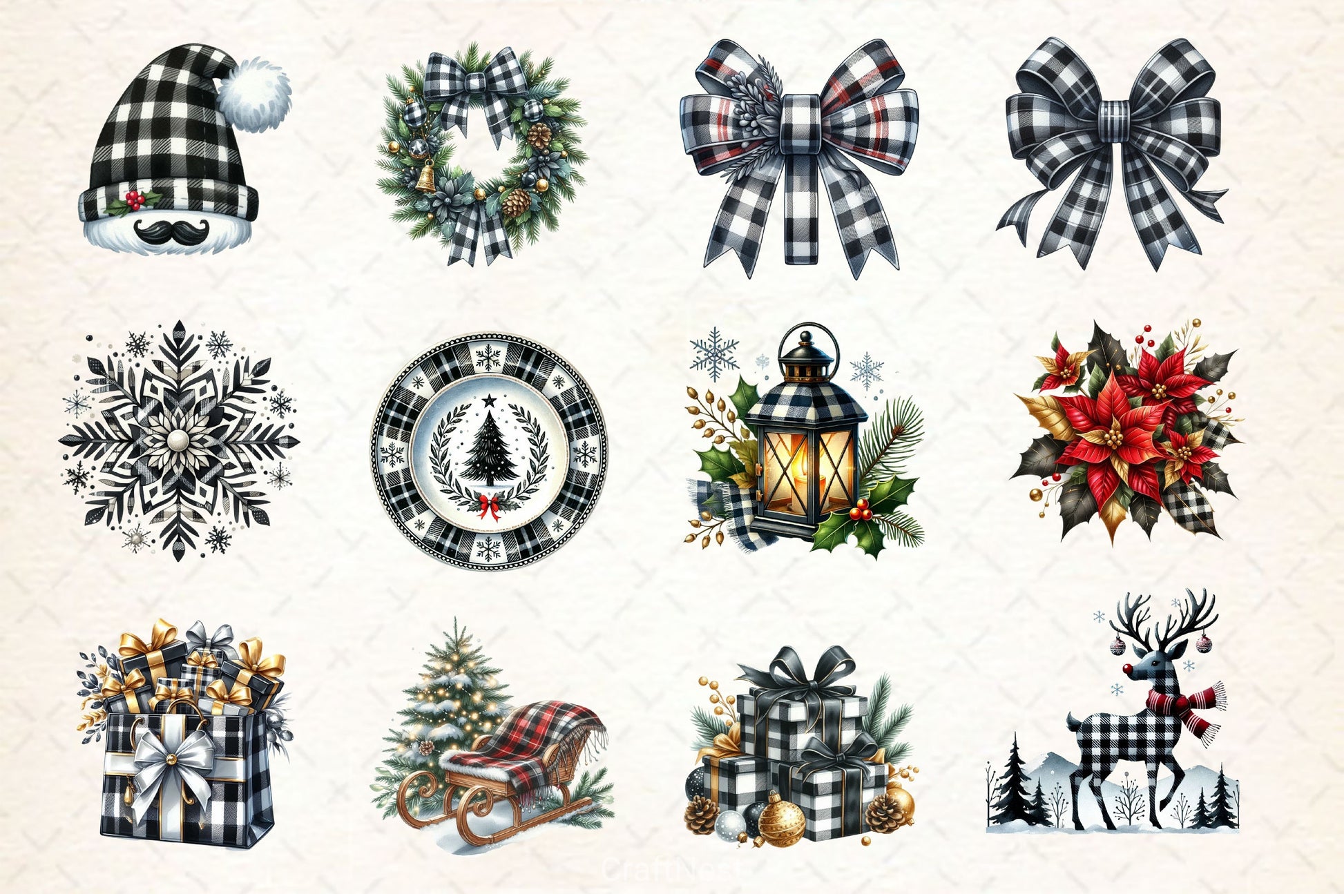 Luxury Plaid Black White Christmas Clipart Bundle - CraftNest - Digital Crafting and Art