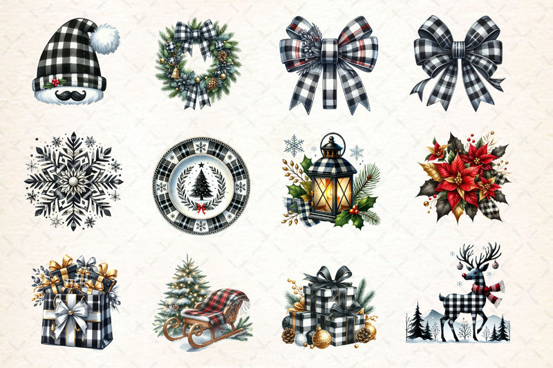 Luxury Plaid Black White Christmas Clipart Bundle - CraftNest - Digital Crafting and Art