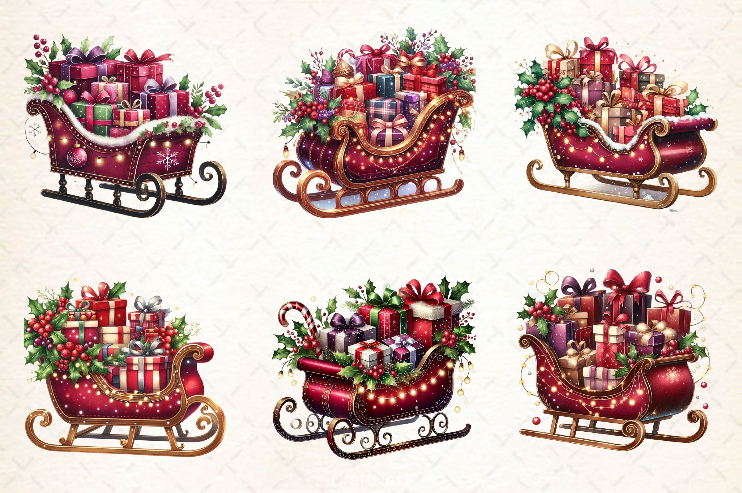 Burgundy Christmas Sleigh Clipart Bundle - CraftNest - Digital Crafting and Art