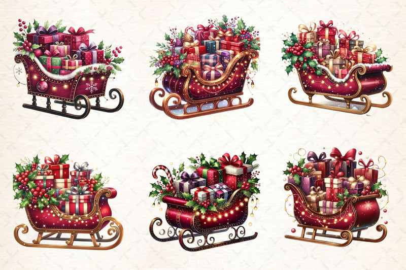 Burgundy Christmas Sleigh Clipart Bundle - CraftNest - Digital Crafting and Art