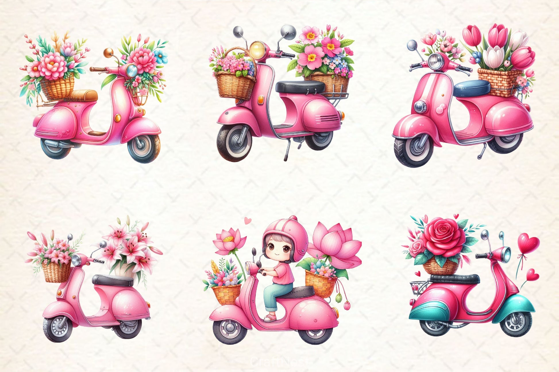 Pink Scooter Flowers Clipart Bundle - CraftNest - Digital Crafting and Art