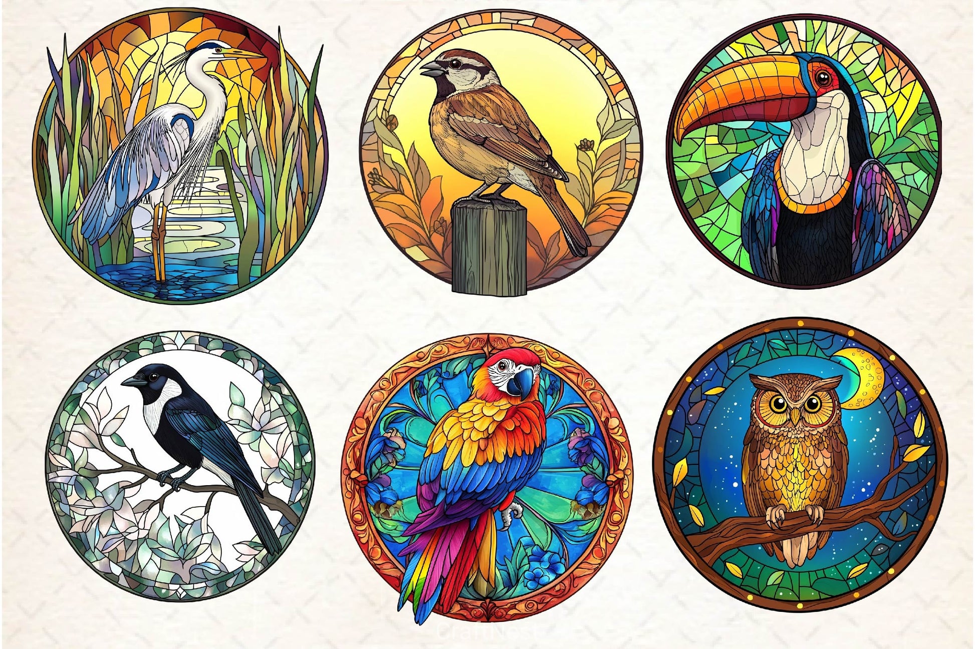 Round Stained Glass Birds Clipart Bundle 3 - CraftNest - Digital Crafting and Art
