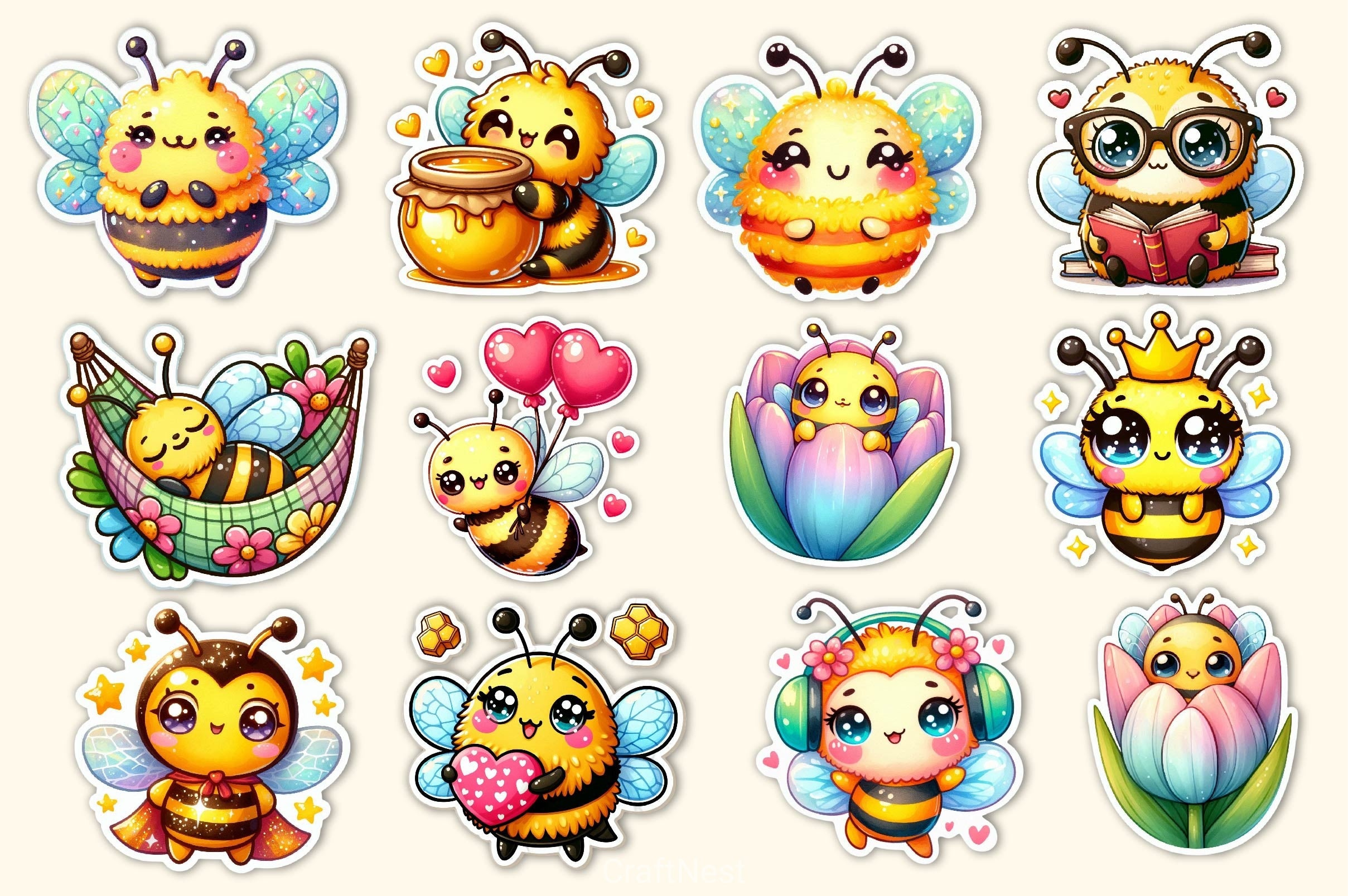 Kawaii Cute Bee Stickers Sticker Clipart Bundle - CraftNest - Digital Crafting and Art