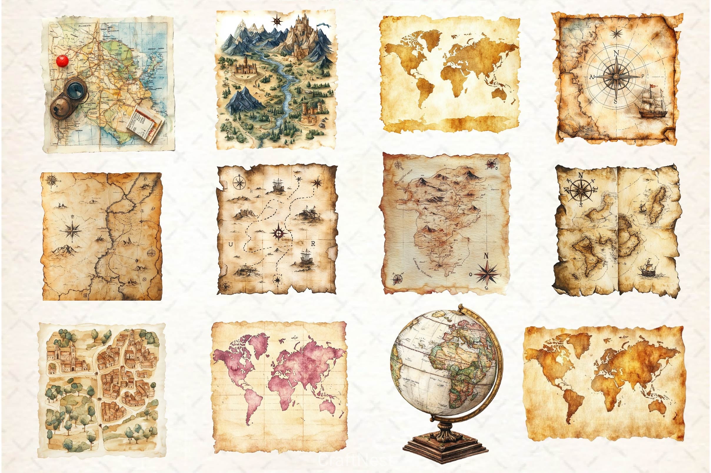 Old Simple Map Old Maps Designs Clipart Bundle