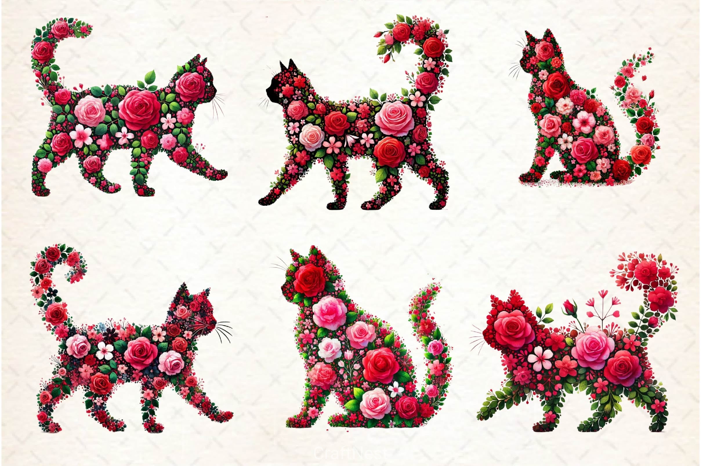 Valentine Pink Roses Cats Clipart Bundle 2 - CraftNest - Digital Crafting and Art