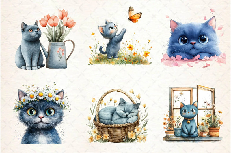 Spring Blue Cat Clipart Bundle - CraftNest - Digital Crafting and Art
