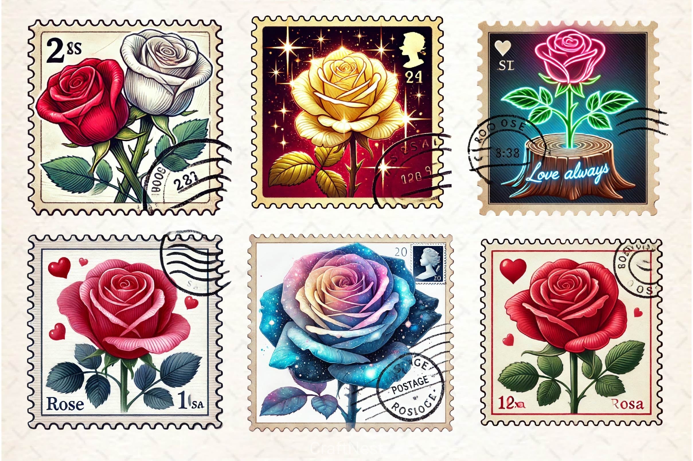 Valentine Rose Postage Stamp Clipart Bundle 2 - CraftNest - Digital Crafting and Art