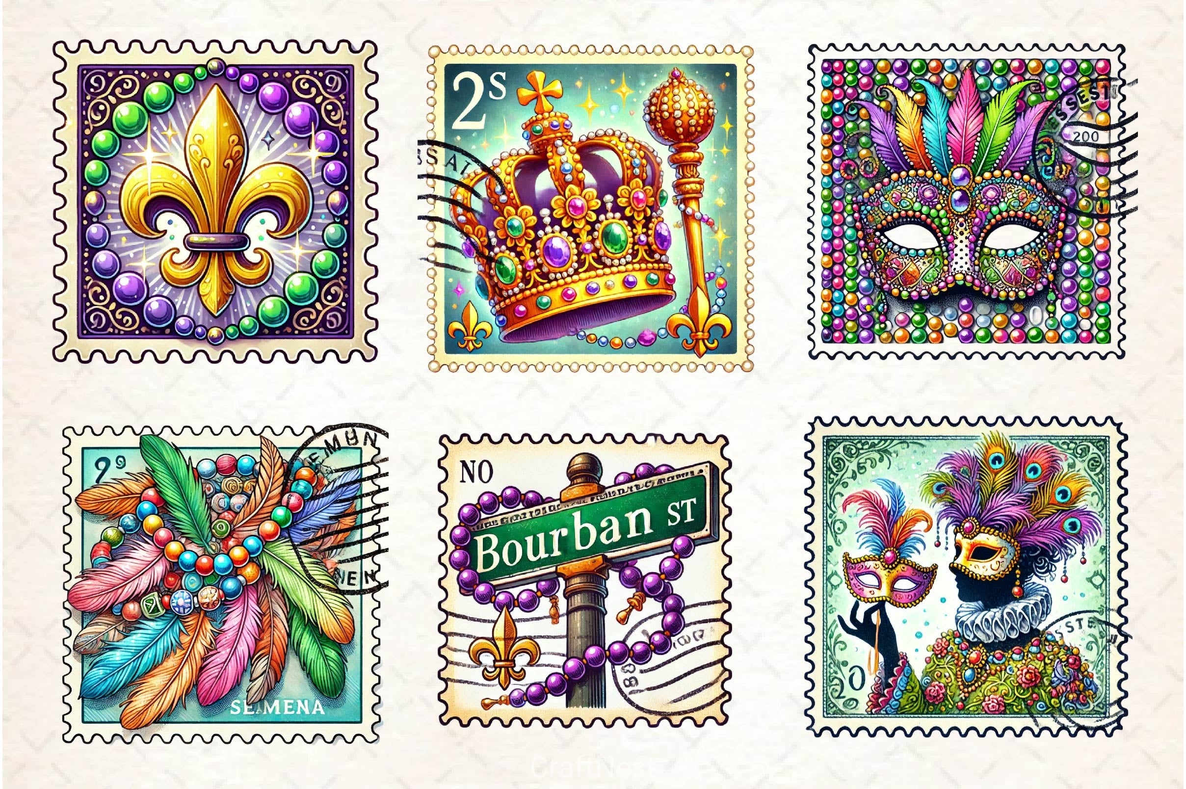 Mardi Gras Postage Stamp Clipart Bundle - CraftNest - Digital Crafting and Art