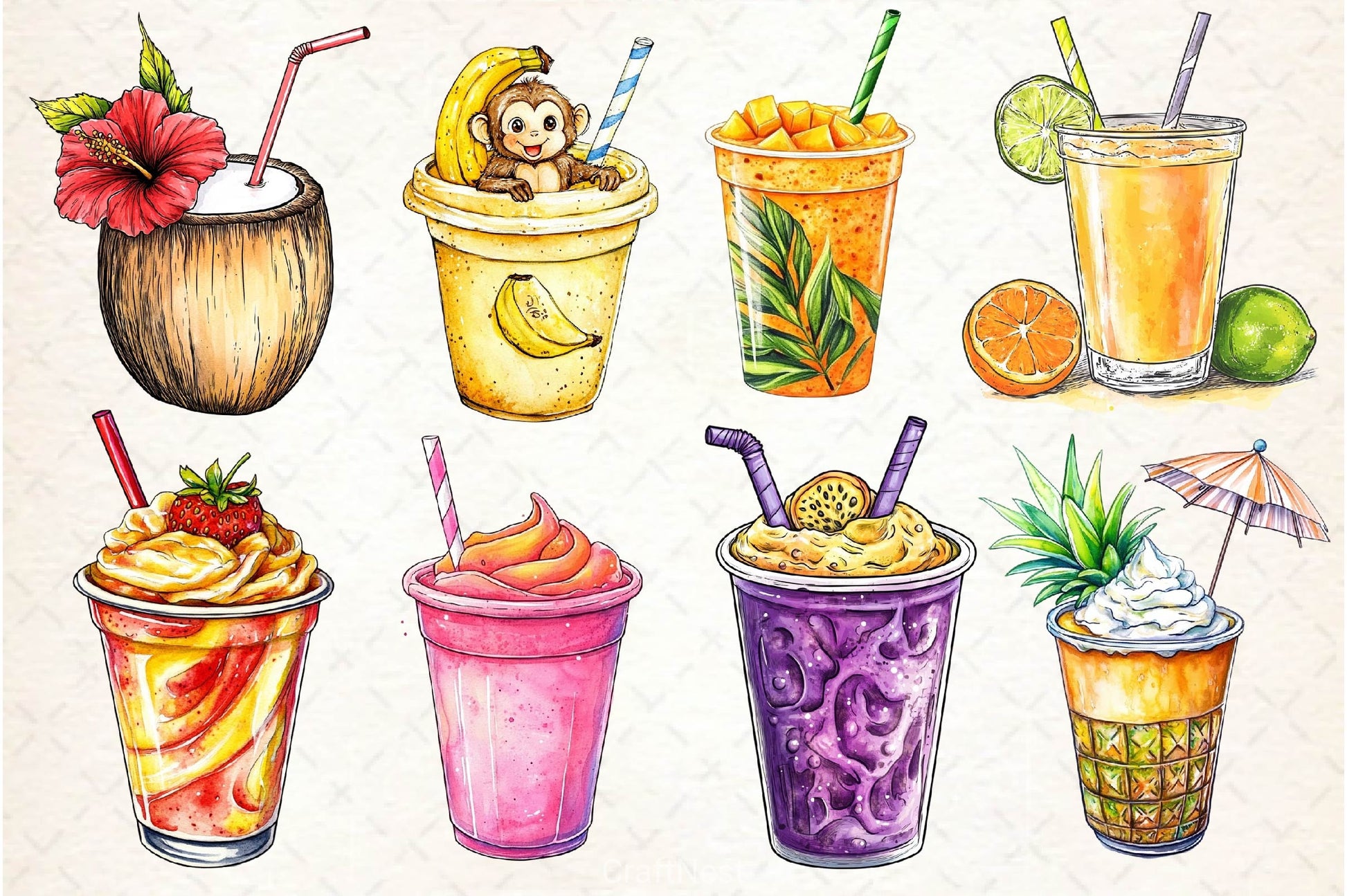 Summer Tropical Smoothie Cup Clipart Bundle 2 - CraftNest - Digital Crafting and Art