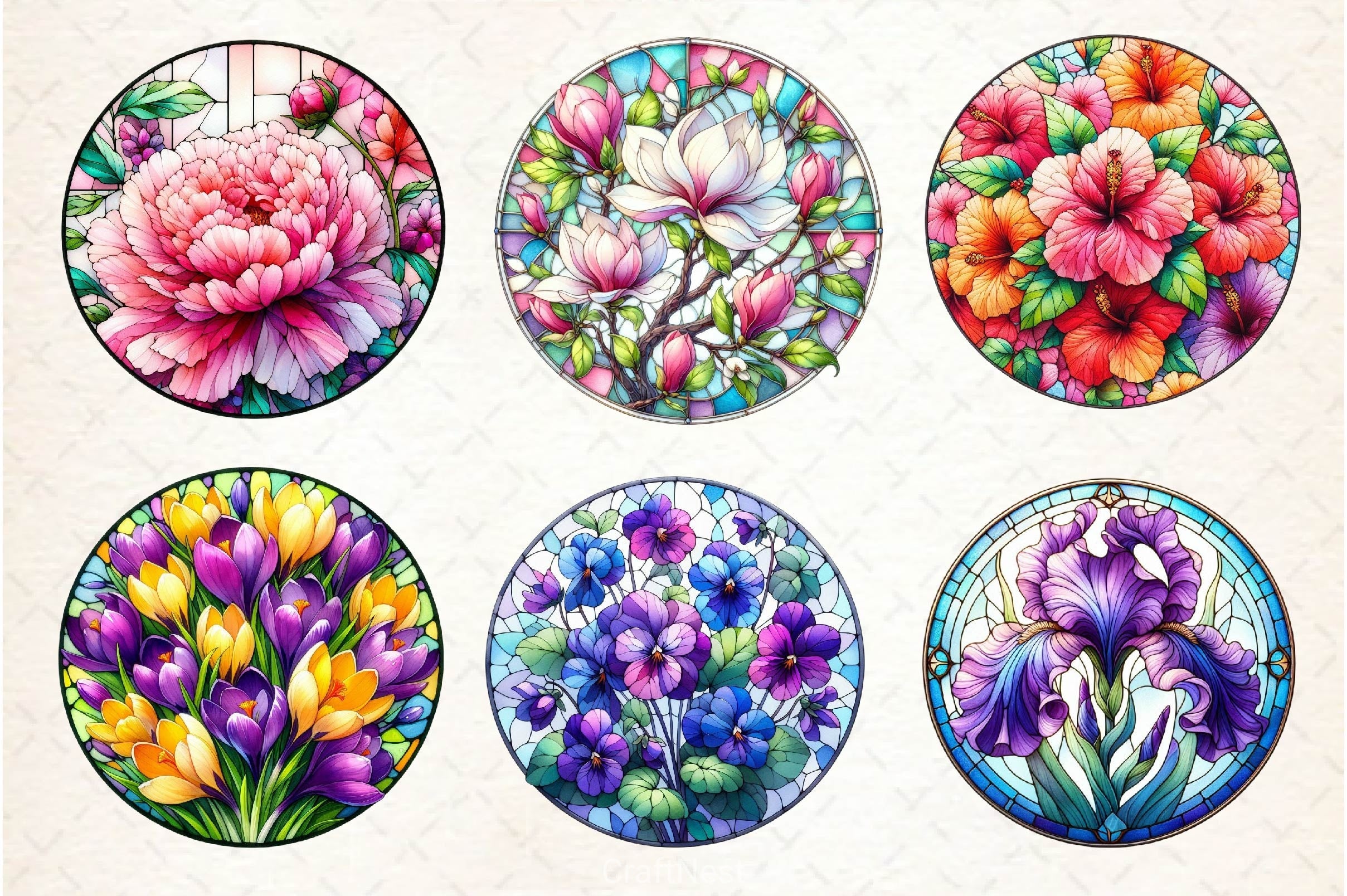 Round Stained Glass Spring Flower Clipart Bundle - CraftNest - Digital Crafting and Art
