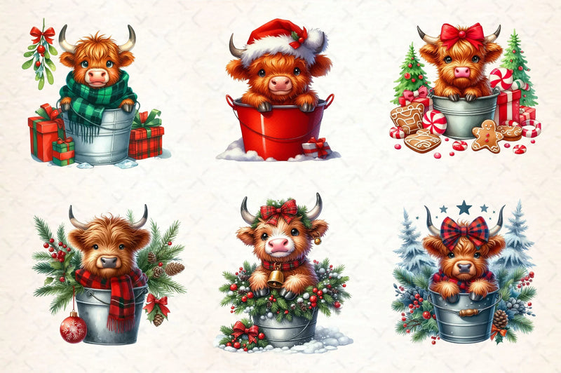 Christmas Highland Cows In Bucket Clipart Bundle - CraftNest - Digital Crafting and Art