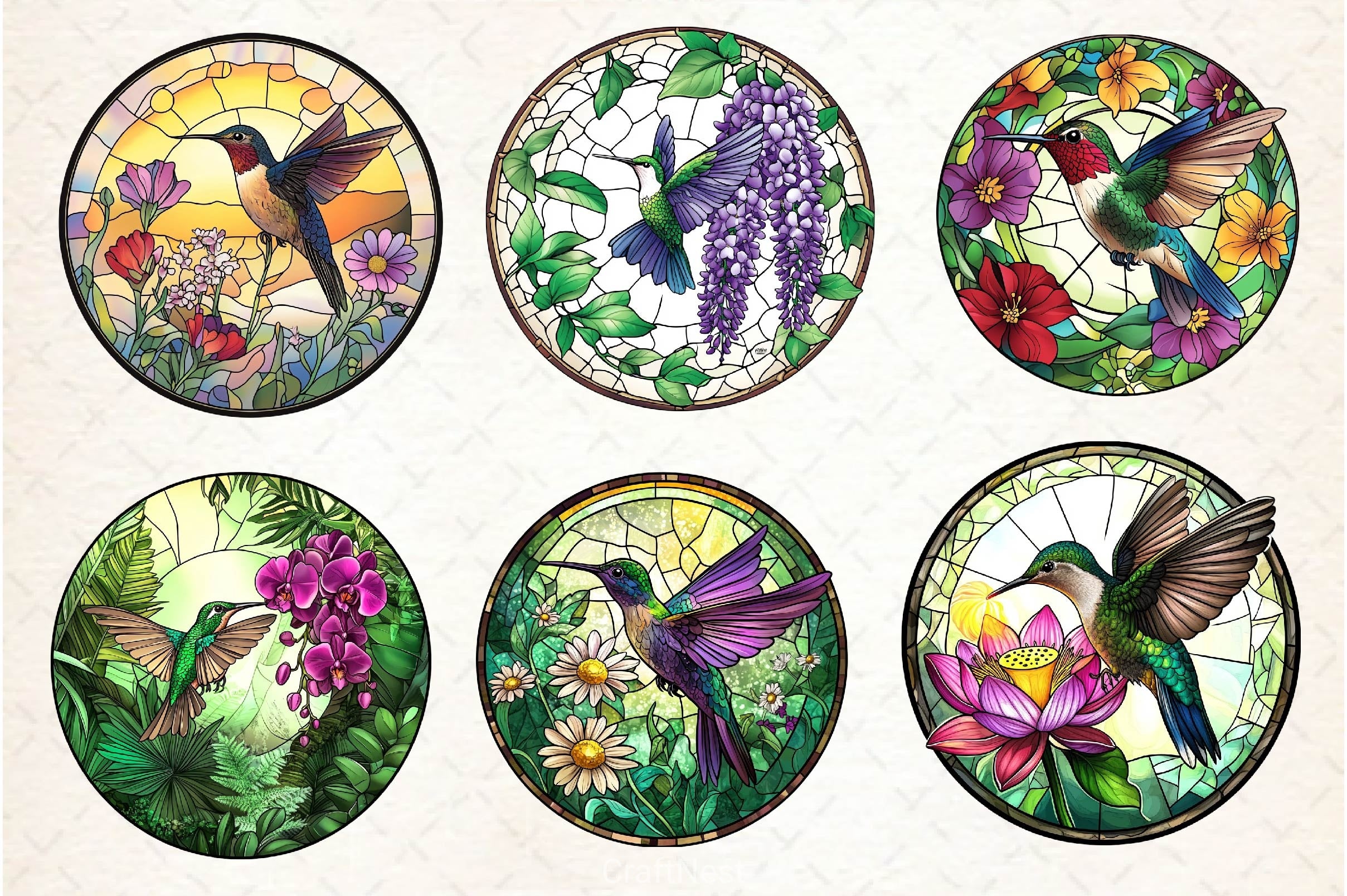 Hummingbird Flowers Round Stained Glass Clipart Bundle - CraftNest - Digital Crafting and Art