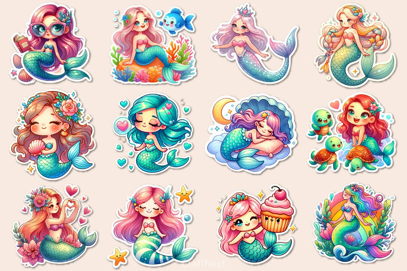 Kawaii Mermaid Clipart Bundle - CraftNest - Digital Crafting and Art