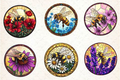 Bee With Flowers Round Stained Glass Art Clipart Bundle - CraftNest - Digital Crafting and Art