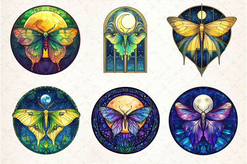 Lunar Moth And Moon Round Stained Glass Clipart Bundle 2 - CraftNest - Digital Crafting and Art