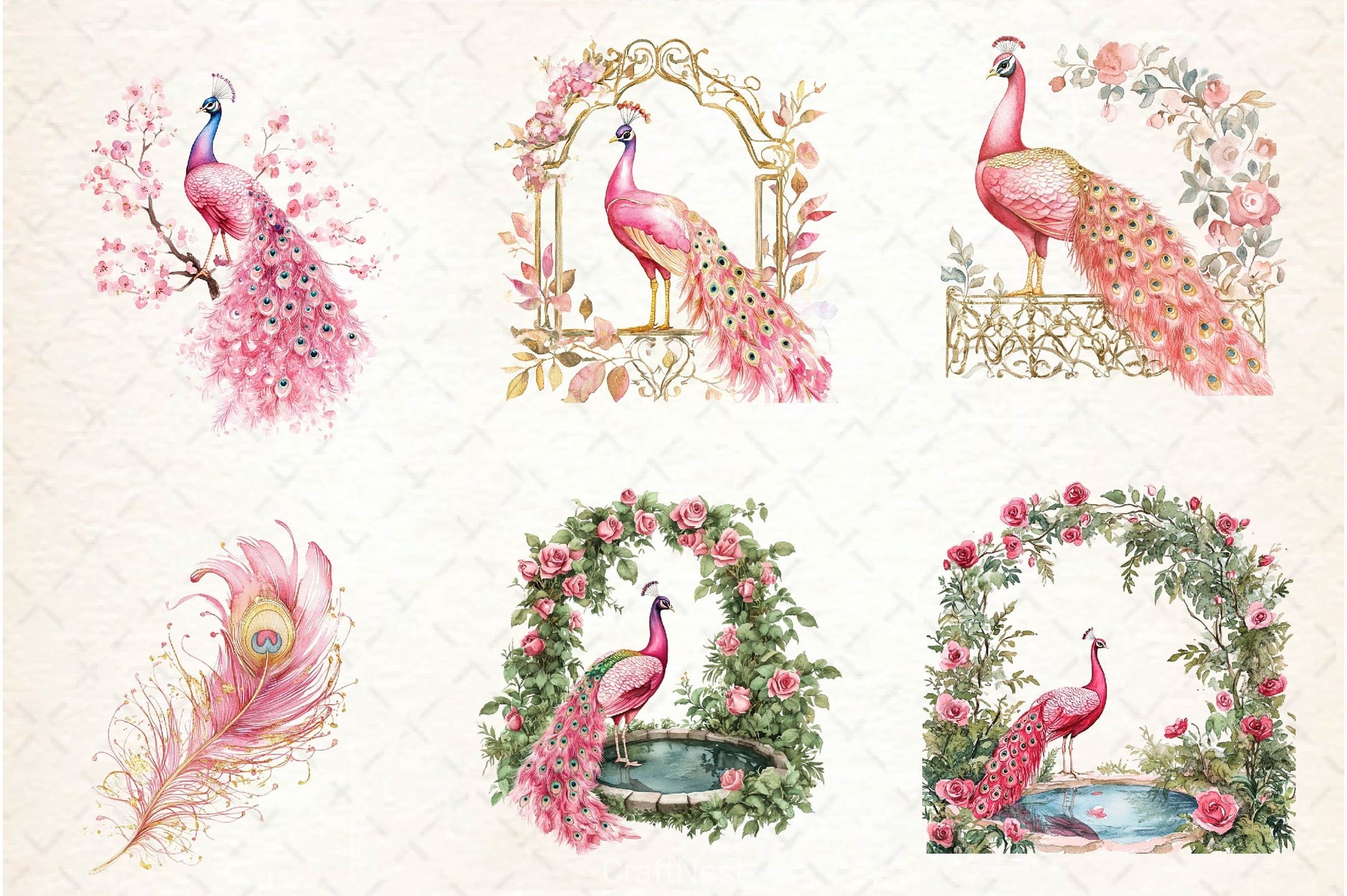 Pink Peacocks Garden Clipart Bundle 2 - CraftNest - Digital Crafting and Art
