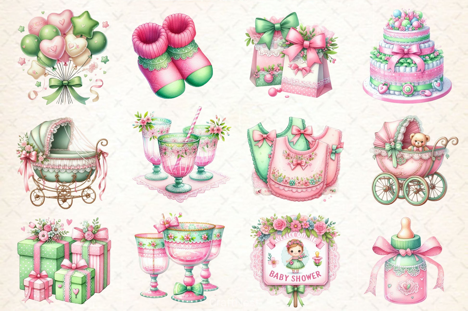 Pink & Green Coquette Baby Shower Clipart Bundle - CraftNest - Digital Crafting and Art